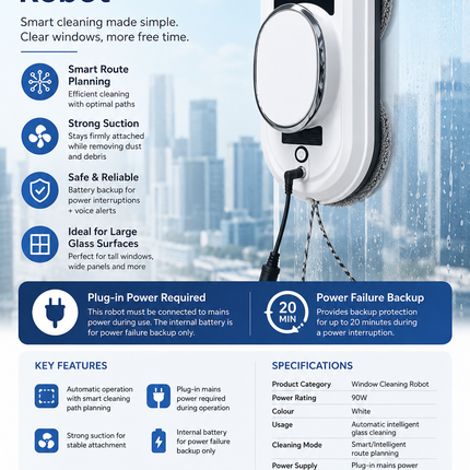 Automatic Glass Cleaning Robot with Smart Route Planning & Power Failure Backup