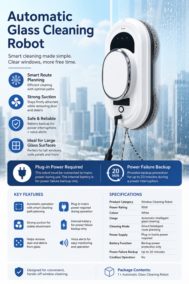 Automatic Glass Cleaning Robot with Smart Route Planning & Power Failure Backup