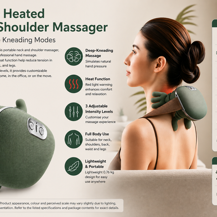 Portable Heated Neck & Shoulder Massager with Adjustable Kneading Modes – Green