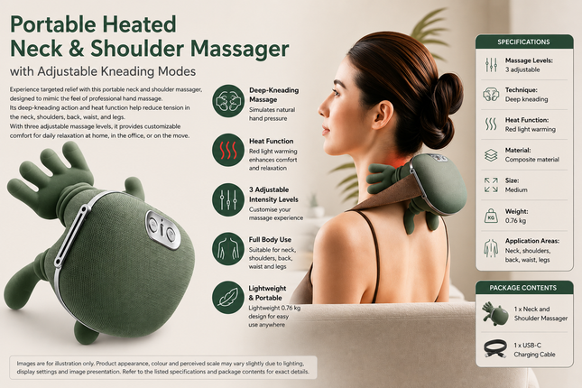 Portable Heated Neck & Shoulder Massager with Adjustable Kneading Modes – Green