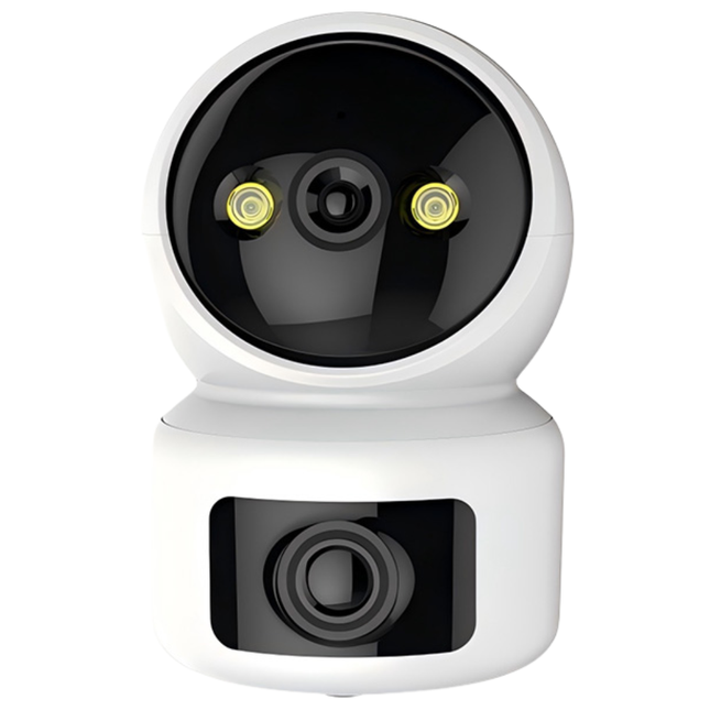 Smart Indoor/Outdoor WiFi Camera Dual Lens with Pan 355° Tilt 90°, Two-Way Audio, Night Vision, White