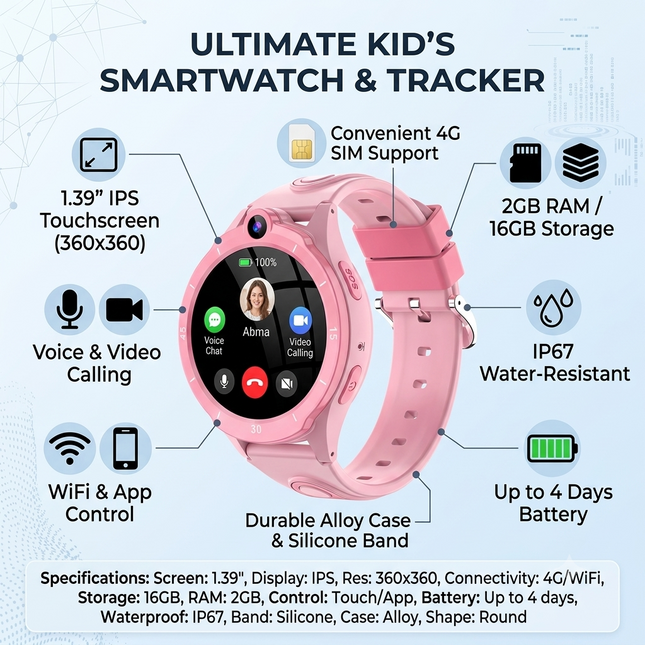 Smart Watch with 4G SIM Support, 1.39 Inch Touch Display, WiFi and App Control