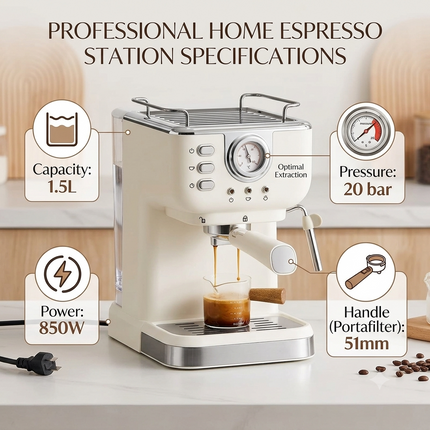 1.5L 20 Bar Espresso Coffee Maker with 850W Fast Heating and 51mm Portafilter