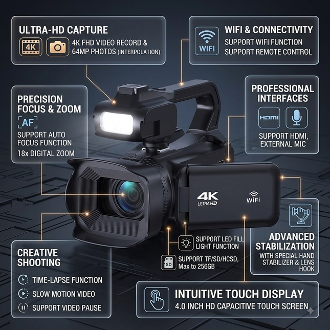4K Digital Video Camera with 64MP Photos, 18x Zoom, WiFi and 4.0" Touchscreen