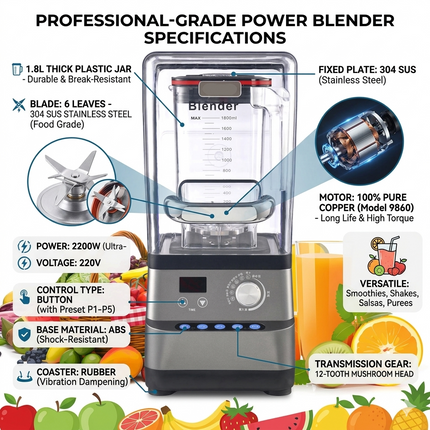 Heavy Duty 2200W Smoothie Blender with Large 1.8L Capacity and Stainless Steel Blades