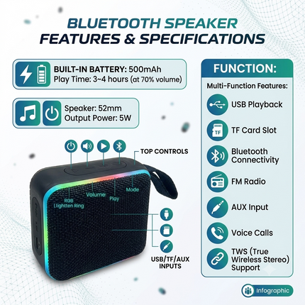 5W Portable Bluetooth Speaker with USB, TF Card, FM , AUX & Hands-Free Calling