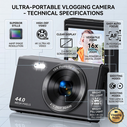 44MP 4K Digital Camera with Autofocus, 16x Digital Zoom, 2.4 Inch Screen & LED Fill Light