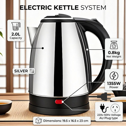 Cordless Electric Kettle 1355W Fast Boil 220V Compact Portable 19.5x16.5x23cm Silver
