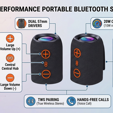 Portable 20W Bluetooth Speaker with Dual 57mm Drivers, TWS Pairing, USB TF AUX & Hands-Free Calls