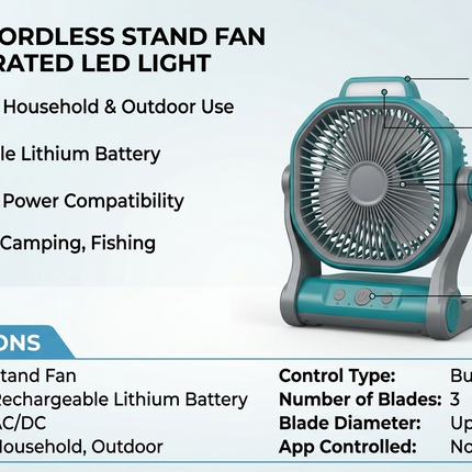 12 Inch Portable Stand Fan with LED Light, Rechargeable Lithium Battery and Button Controls