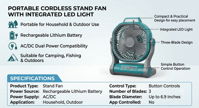 12 Inch Portable Stand Fan with LED Light, Rechargeable Lithium Battery and Button Controls