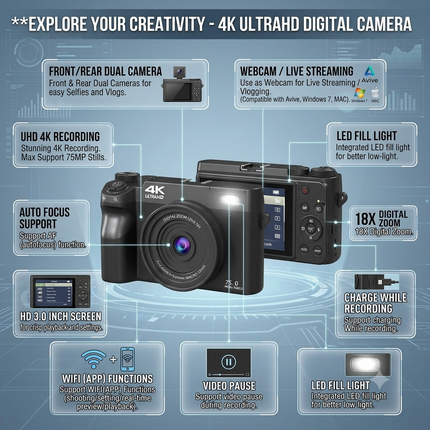 75MP 4K Digital Camera with Dual Cameras, Autofocus, WiFi, 18X Digital Zoom & 3.0" Screen