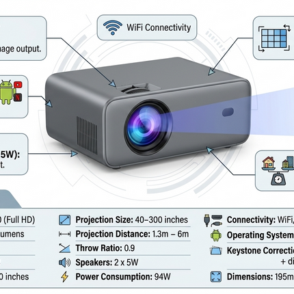 Compact 1080P WiFi Projector with Auto Keystone, Android OS and Dual Speakers
