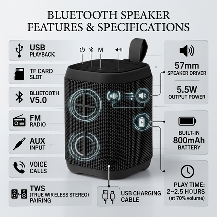 Portable Bluetooth Speaker with FM , USB, TF Card, AUX & TWS Stereo, 800mAh Rechargeable Battery