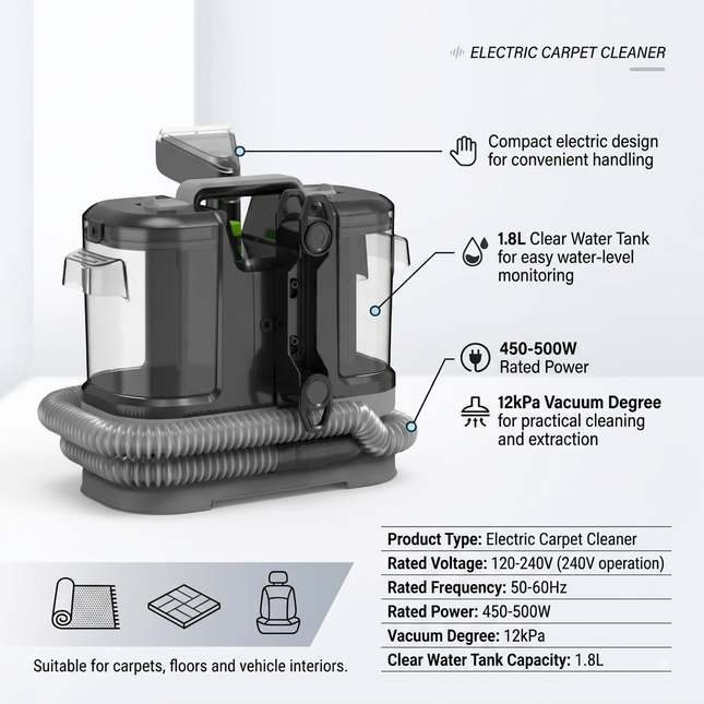 Electric Carpet Cleaner with 1.8L Clear Water Tank and Adjustable Power