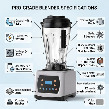 Commercial High-Speed Blender 3.5L 2200W with 8 Stainless Steel Blades