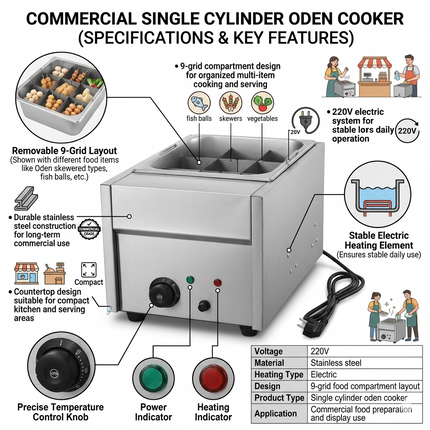 Commercial 9 Grid Electric Oden Cooker Stainless Steel 220V Hot Food Display Unit