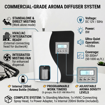 Commercial Aroma Diffuser with Internal Fan and HVAC Connection, Adjustable Fragrance Output