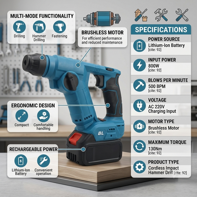 Cordless Brushless Hammer Drill with Rechargeable Lithium Battery and High Torque