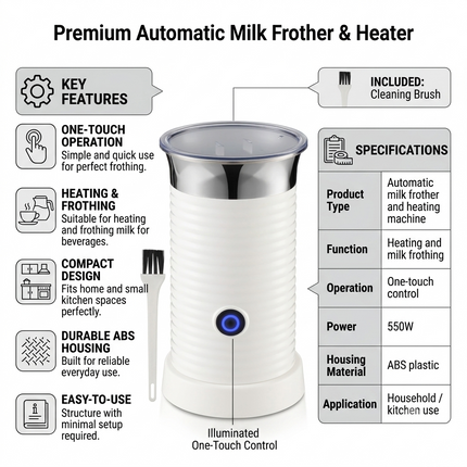 Compact Electric Milk Heating & Frothing Machine, One-Button Operation, ABS Body Design