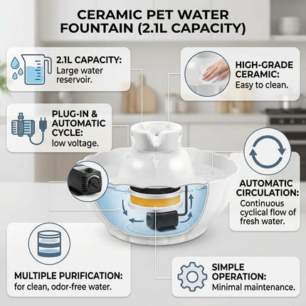 2.1L Ceramic Pet Water Fountain with Silent Adjustable Pump and Multi-Stage Purification