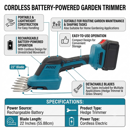 Portable Battery Powered Hedge Trimmer with 22 Inch Cutting Blade
