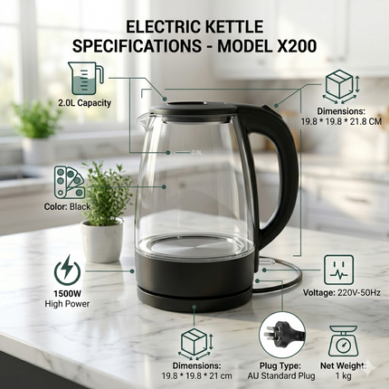 2.0L 1500W Cordless Electric Kettle Rapid Boil, 220V, Compact Black Finish