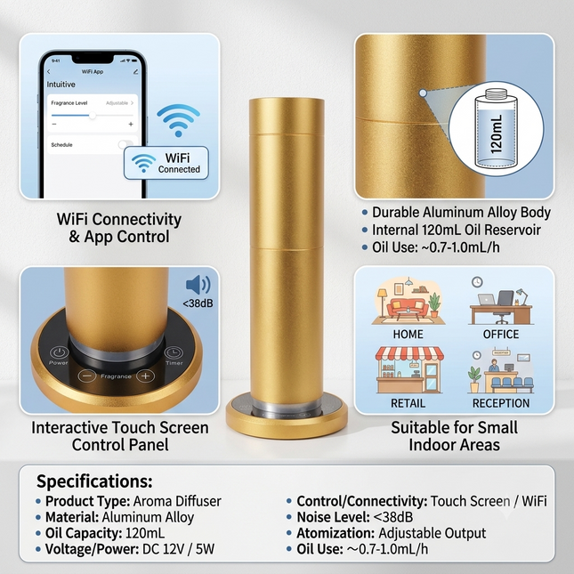 Compact WiFi Aroma Diffuser with Touch Screen, 120mL Essential Oil Diffuser for Small Areas