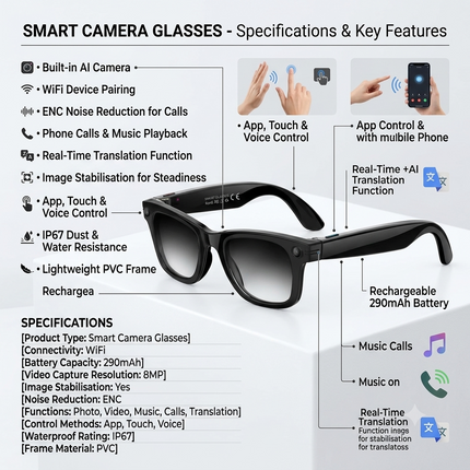 Smart Camera Glasses with WiFi, Real-Time Translation, Image Stabilisation and App Control
