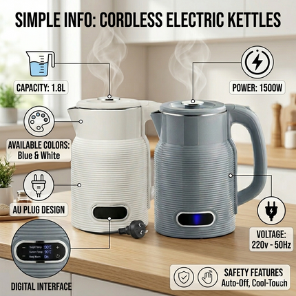 Portable 1.8L Electric Kettle 1500W Rapid Heating Cordless Design Blue & White