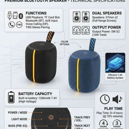 Portable Bluetooth Speaker with Dual 5W Stereo Speakers, 1200mAh Battery, USB TF AUX & TWS