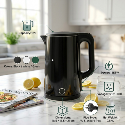 1.2L Cordless Electric Kettle 1355W Fast Boil with AU Plug