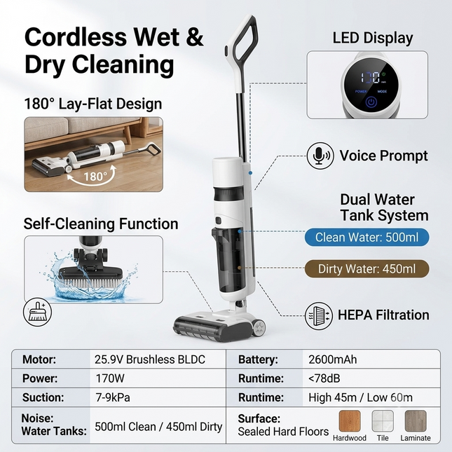 Cordless Wet and Dry Vacuum Cleaner with Self-Cleaning Function, LED Display and Voice Prompts