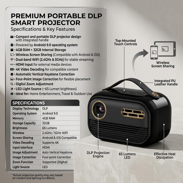 Compact Mini DLP Projector with Android 9.0, Wireless Screen Sharing and Auto Keystone