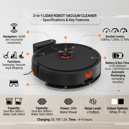 Smart Robot Vacuum Cleaner with LiDAR Navigation, 2.7kPa Suction and Dust Collection