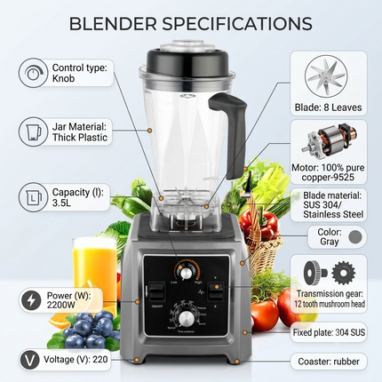 High-Power 3.5L Countertop Blender with 8 Stainless Steel Blades and Copper Motor