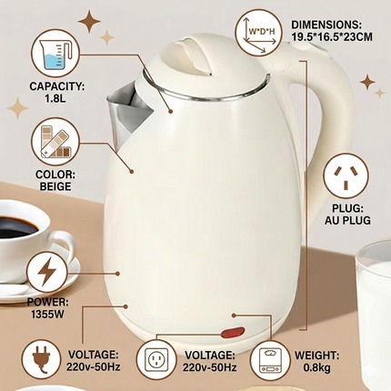 Portable Cordless Electric Kettle 1.8L 1355W Fast Boil with AU Plug