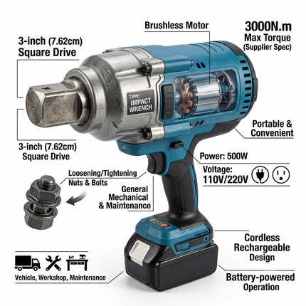 Rechargeable Cordless Impact Wrench with Brushless Motor and Square Drive