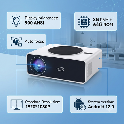 Portable Full HD Android 12 Projector with Auto Focus and 900 ANSI Brightness