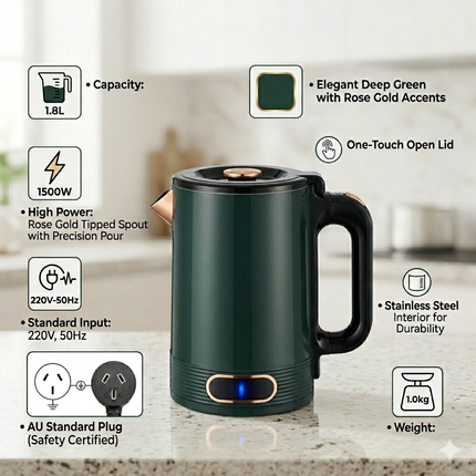 Portable 1.8L Electric Kettle 1500W Rapid Heating Cordless Design Green