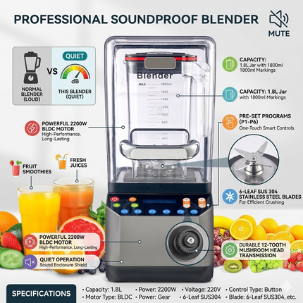Commercial High-Speed Blender 1.8L 2200W with Brushless Motor and Stainless Steel 6-Blade System