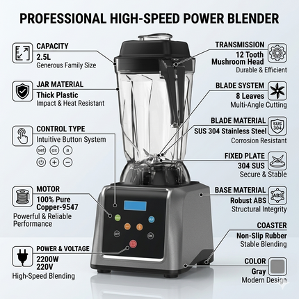 Commercial Kitchen Blender 2.5L Heavy Duty Food Processor with 8-Leaf Stainless Steel Blade
