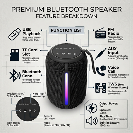 Portable 7W Bluetooth Speaker with FM , USB, TF Card, AUX, TWS & Hands-Free Calling