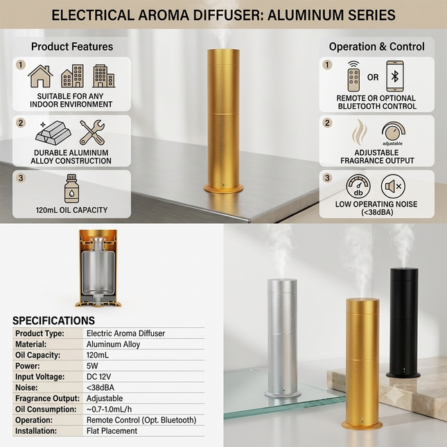 120mL Aluminum Alloy Aroma Diffuser with Remote Control for Home, Office and Commercial Use