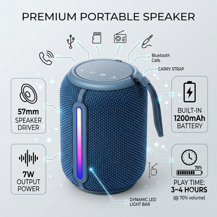 Portable 7W Bluetooth Speaker with FM , USB, TF Card, AUX, TWS & Hands-Free Calling