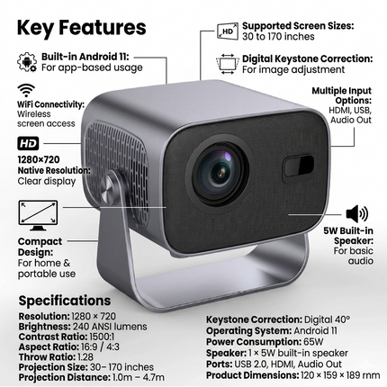 Compact Smart Projector A10, 1280x720 Resolution, Android 11, WiFi Connectivity