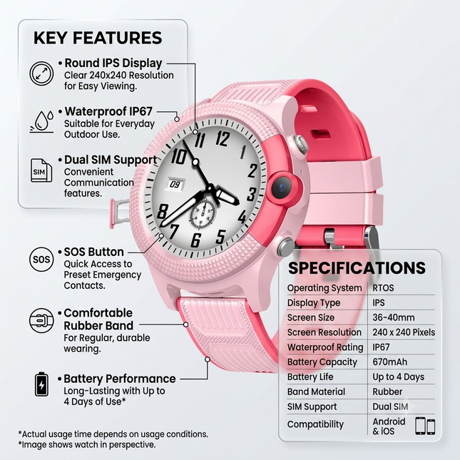 Smart Watch with 36-40mm IPS Screen, Waterproof Design, Dual SIM and Daily Activity Features
