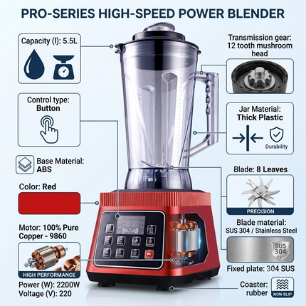 Heavy Duty 5.5L Food Blender with Pure Copper Motor and Stainless Steel Blades