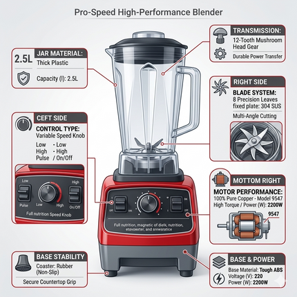 Commercial Kitchen Blender 2.5L 2200W with Pure Copper Motor