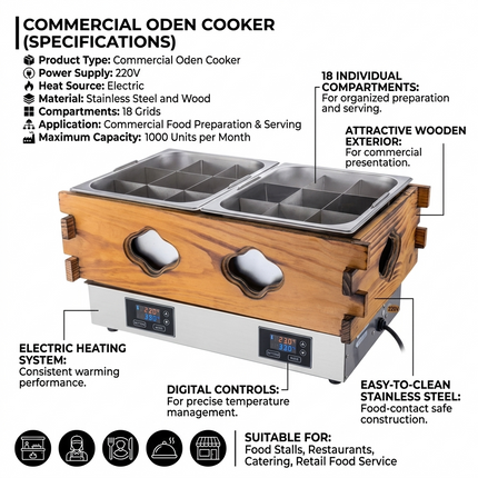 18 Grid Electric Oden Cooking Machine Stainless Steel Countertop Food Warmer 220V